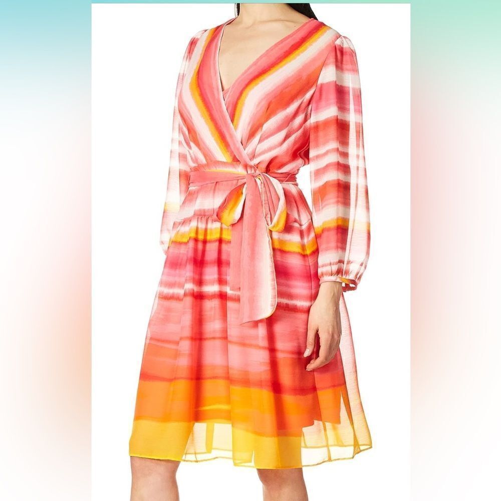 Calvin Klein spring red orange yellow flattering Dress With Faux Wrap